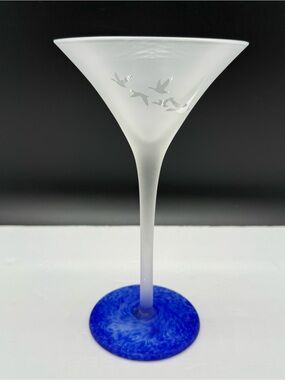 Grey Goose Vodka Martini Glass Frosted Blue Base Footed Flying Geese Handblown